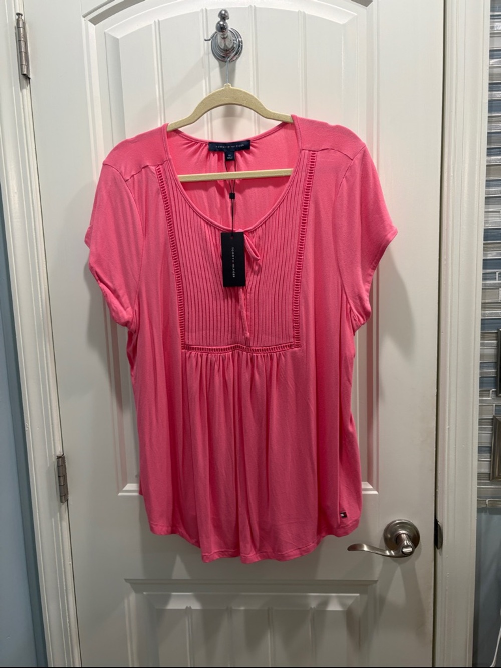 Tommy Hilfiger Pink Short-Sleeve Pintuck Peasant Blouse